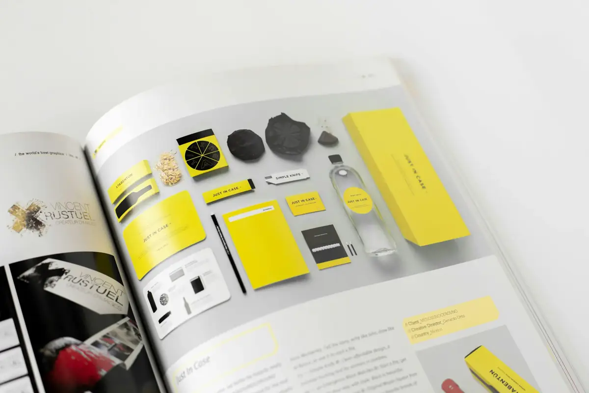 Brand identity system spread with packaging and stationery