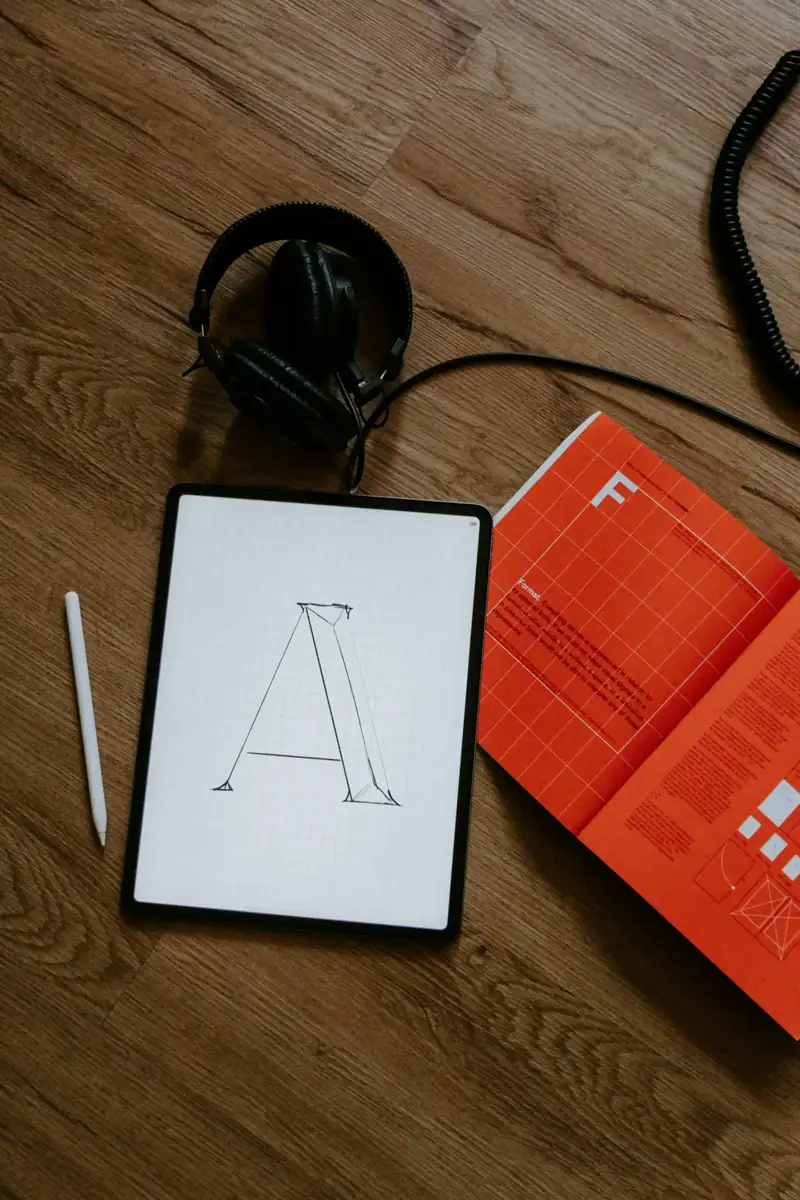 Graphic design process on tablet with editorial design book